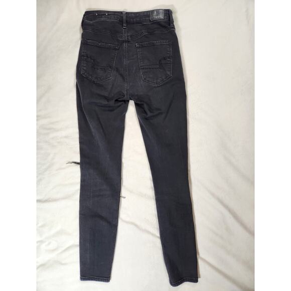 Sz 4 American Eagle Jeans Black Super High Rise Jeggings Distressed Knees Womens - Picture 3 of 8